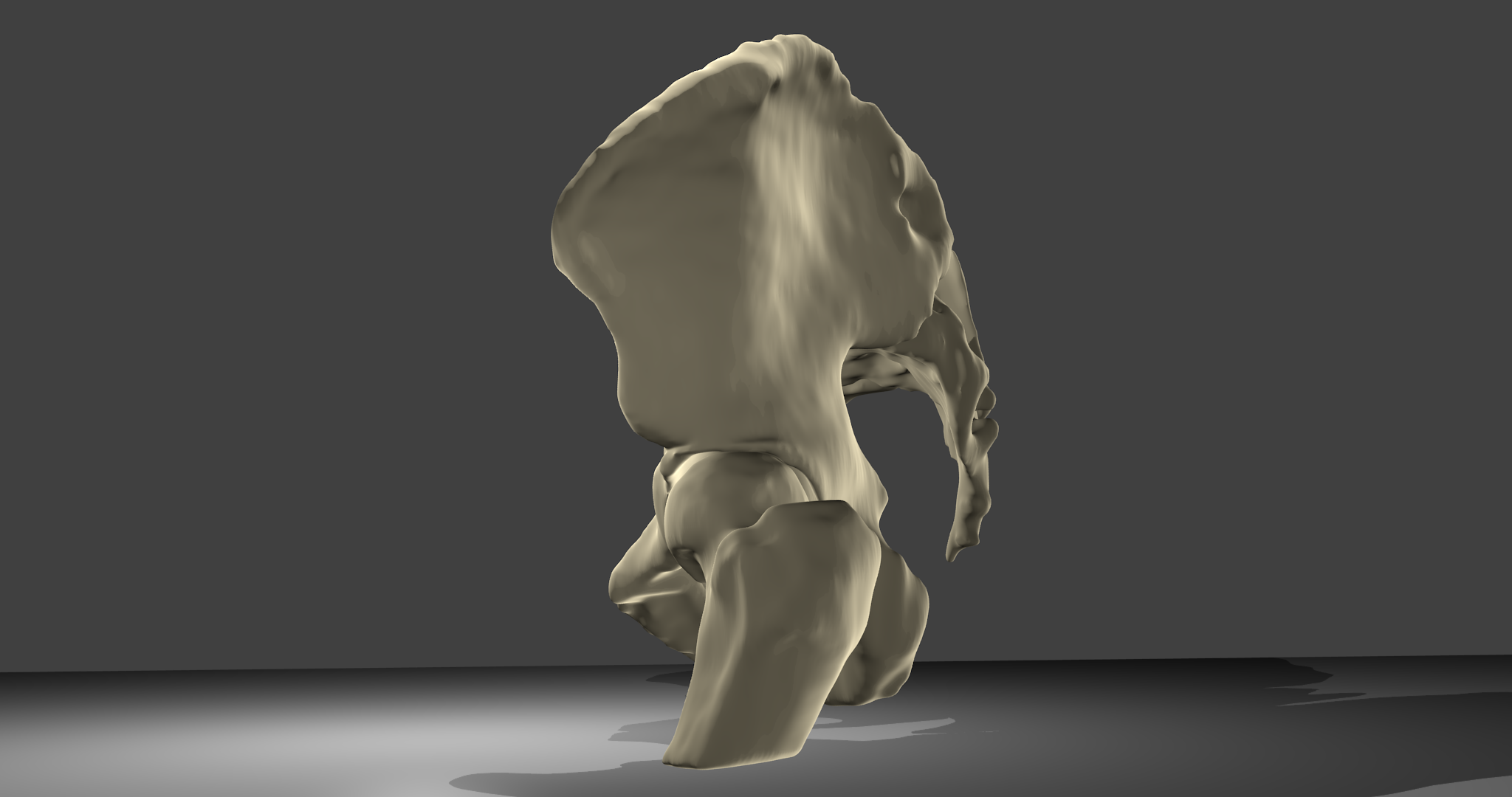 3D-Modell Beckenknochen:Beckenknochen mit Oberschenkelknochen und Kreuzbein, männlich. Ansicht von links.