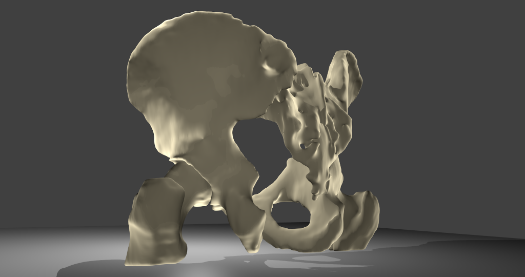 3D-Modell BeckenknochenBeckenknochen mit Oberschenkelknochen und Kreuzbein, männlich. Übersichtsbild, Ansicht von links hinten.