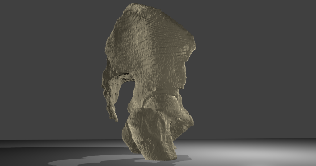 3D-Modell BeckenknochenBeckenknochen mit Oberschenkelknochen und Kreuzbein, männlich. Übersichtsbild, Voxelmodell, Ansicht von rechts.